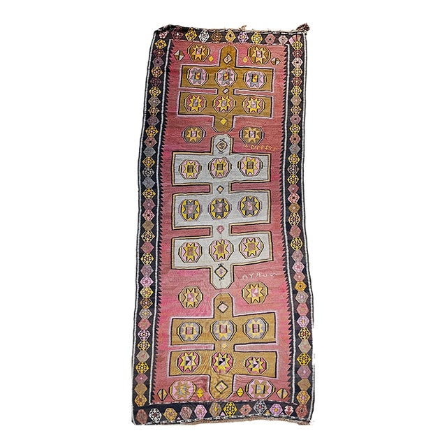 Vintage Anatolian Turkish Kilim Gallery Rug, Flat-Woven Geometric Pattern, Pink & Yellow, 5x13 For Sale