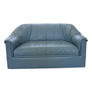 Vintage 1988 Hickory Tavern Furniture Co for Lane Powder Blue Leather Sofa | Soft Curve Postmodern Lounge Couch For Sale