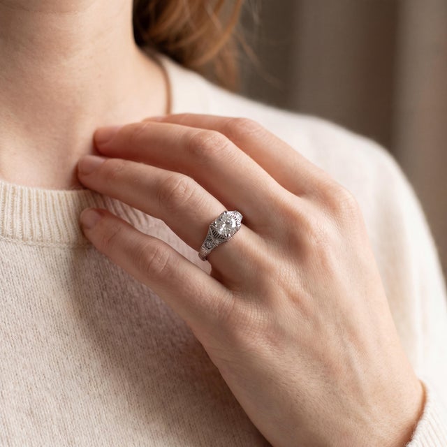 Repurposed 14k White Gold 1.05 Carat Old European Cut Deco Style Ring, Size 7.75 For Sale - Image 4 of 4