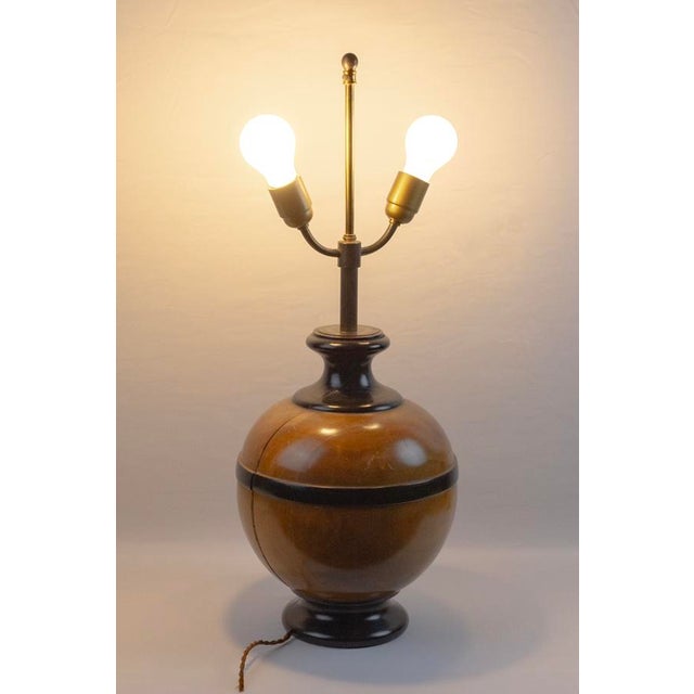 Brown Turned Wooden Ball Lamp Base with Two Lights, 1980s For Sale - Image 8 of 11
