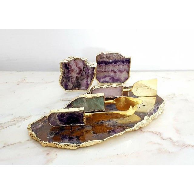 Modernist Agate Cheese Board Set with Knives and Coasters, India, Set of 6 For Sale - Image 5 of 10