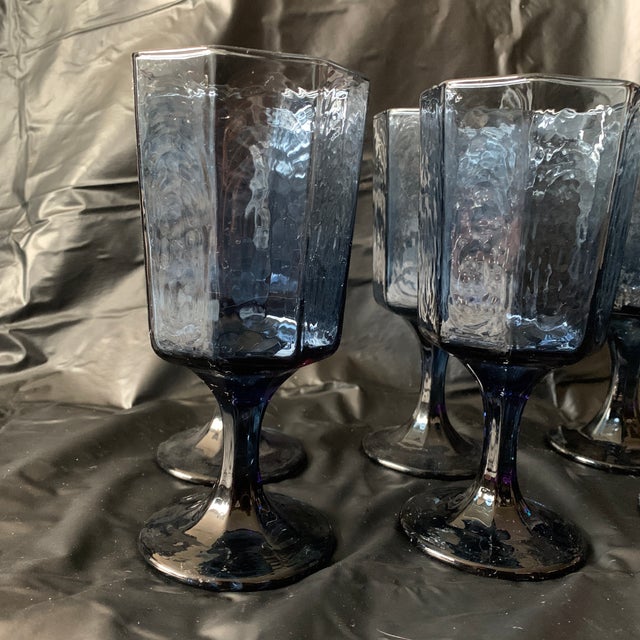 1980s 1980s Textured Octagonal Dusky Blue Cobalt Water Glass Goblets - Set of 6 For Sale - Image 5 of 6