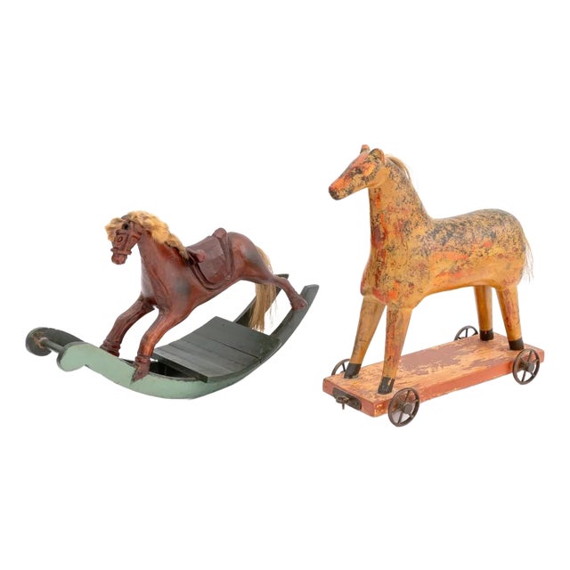Late 20th Century Folk Art Painted Wood Horse Toys- Set of 2 For Sale