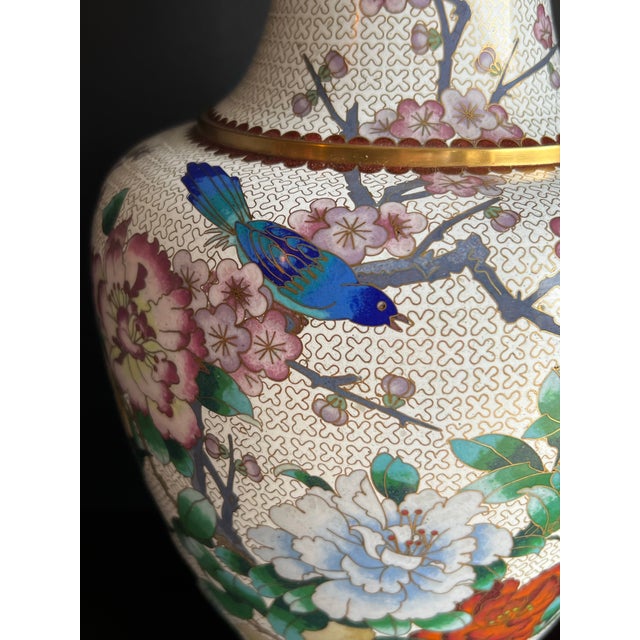 Chinoiserie Large Vintage Chinese Cloisonné Vase - White With Flowers and Blue Birds For Sale - Image 3 of 12