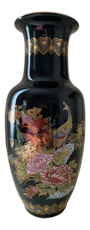 Late 20th Century Japanese Black Ceramic Floral Vase