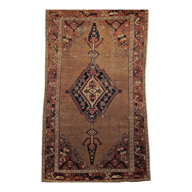 Vintage Malayer Area Rug, Hand-Knotted Wool, Geometric Medallion Pattern, Camelhair & Red, 4x7 For Sale
