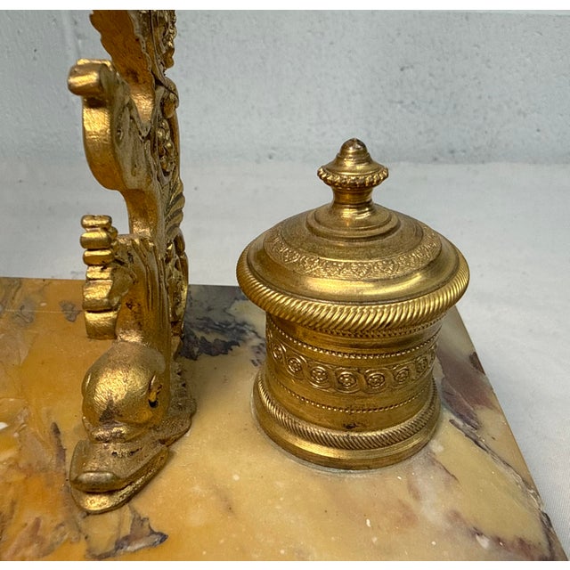 Bronze Antique French Siena Marble Bronze Dual Dolphin Empire Statue Desk Inkwell Stand For Sale - Image 8 of 14