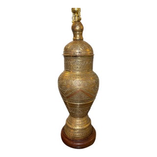 1940s Moroccan Tooled Brass Lamp With Copper and Wood Accents For Sale