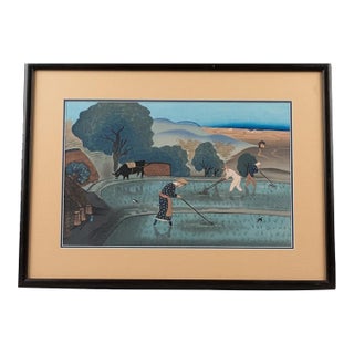 Vintage Japanese Woodblock Print Farmers Rice Paddy Framed 19x14 Minato Trading For Sale