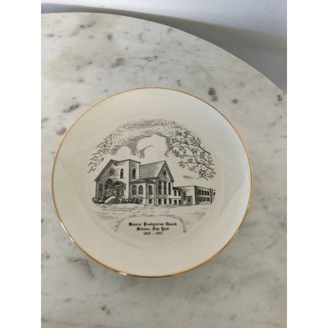 1950s Vintage Porcelain Church and Gold Edge Hand Painted Decor Plate For Sale - Image 4 of 6
