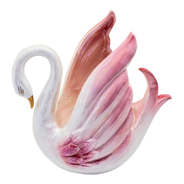 Mid-Century Norcrest Japan Pearlescent Pink & White Ceramic Swan For Sale