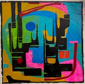 In Common by Jennifer Bobola | Mixed media abstract composition with vibrant colors.