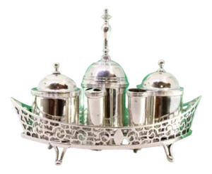 Plain Silver Inkwell with Bell and Sandbox and Pen Holder, Set of 4