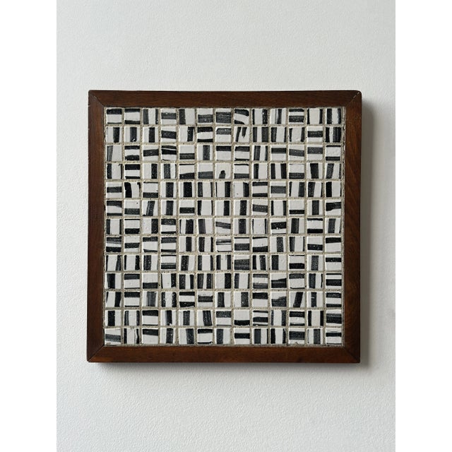 Vintage Black + White Glazed Ceramic Tile Artwork in Teak Frame, Circa 1950s For Sale - Image 4 of 14