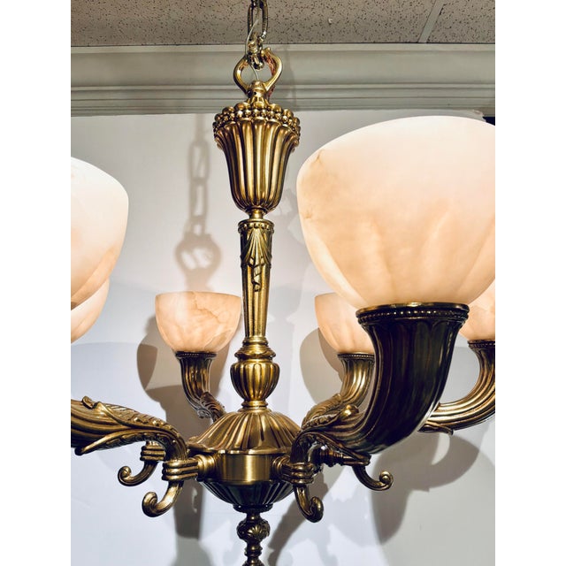 Myran Allan Luxury Lighting Neoclassical Bronze and Alabaster Chandelier For Sale In Atlanta - Image 6 of 6