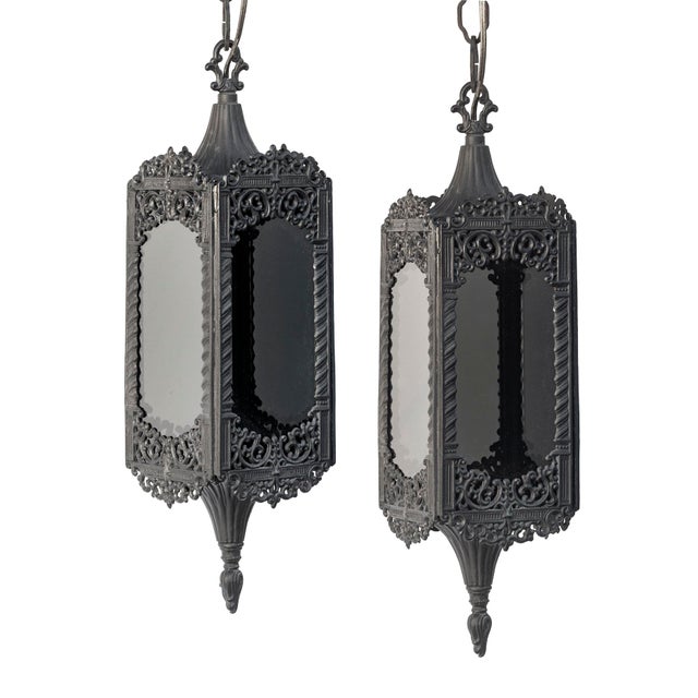 Islamic Mid 20th Century Black Hanging Lanterns a Pair For Sale - Image 3 of 11