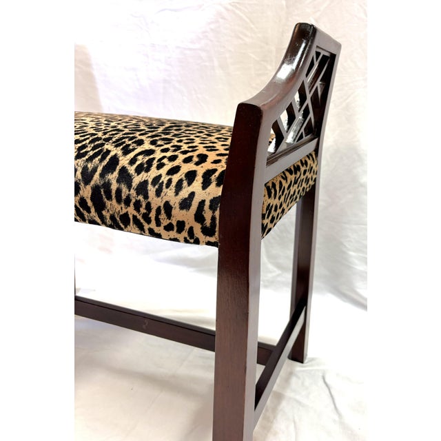 Wood Vintage Fretwork Curved Arm Vanity Stool/ Bench With New Leopard Upholstery For Sale - Image 7 of 18