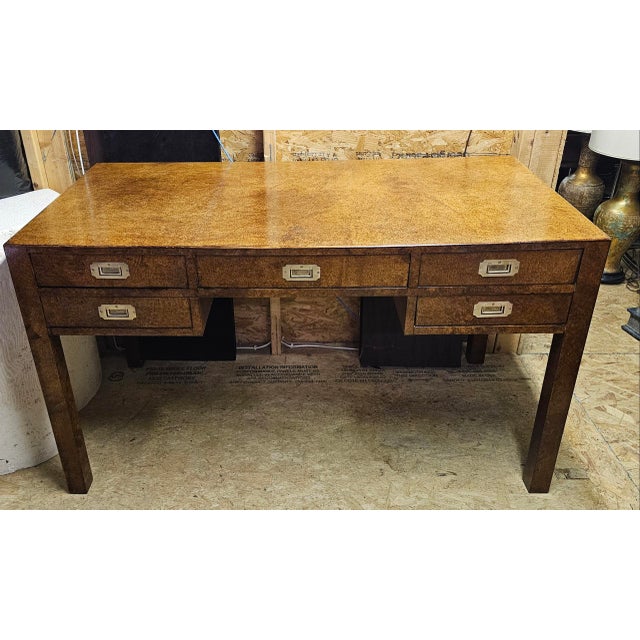 Vintage Burlwood Campaign Style Writing Desk For Sale - Image 4 of 8