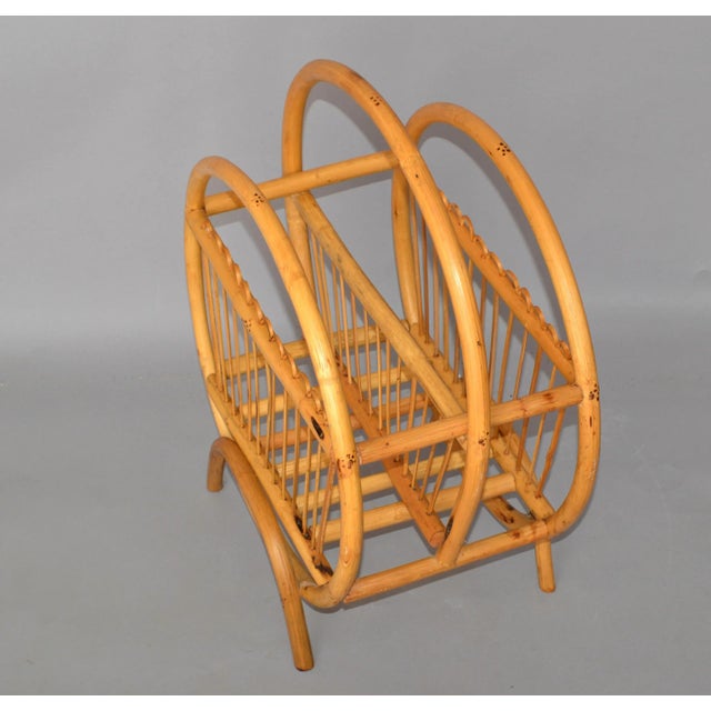 1965 Hollywood Regency Round Handcrafted Bamboo and Cane Magazine Rack American For Sale - Image 11 of 13