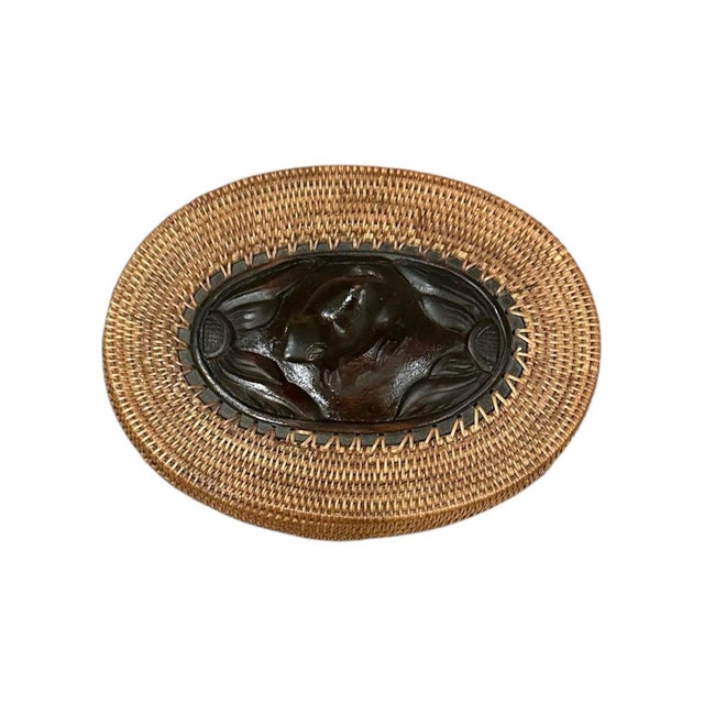 Wood Vintage Iris Apfel Owned Indonesian Wicker Basket Box With Carved Wood Frog For Sale - Image 7 of 11