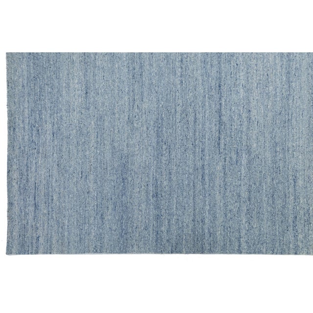 2020s Scandinavian Style Solid Blue Flat Weave Rug - Minimalist & Reversible Design For Sale - Image 5 of 11