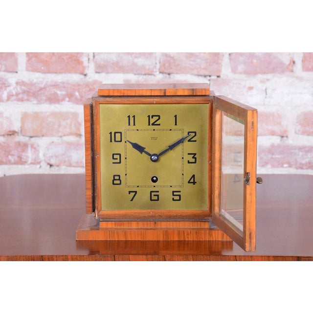Art Deco Table Clock in Walnut, Brass, and Glass, Czech, 1920s For Sale - Image 3 of 11