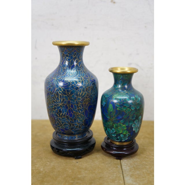 3 Chinese Brass Cloisonne Blue Enameled Floral Bud Vases & Ashtray For Sale - Image 4 of 14