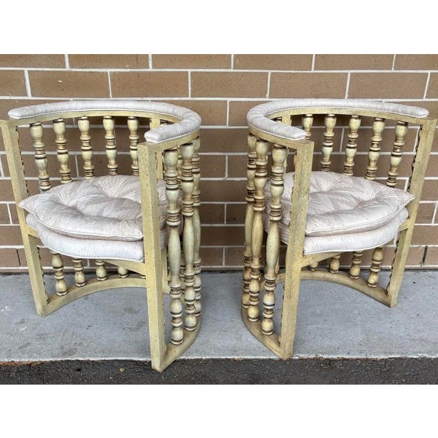 Mid 20th Century Vintage Hollywood Regency Distressed Cream Washed Spindle Barrel Chairs With Chinese Horseshoe Design, a Pair For Sale - Image 5 of 11