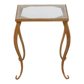 French Mid-Century Gilt Metal Side Table With Square Glass Top and Cabriole Legs For Sale