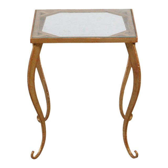 French Mid-Century Gilt Metal Side Table With Square Glass Top and Cabriole Legs For Sale