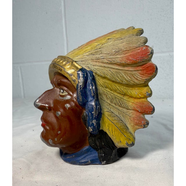 Brown Rare Antique Native American Indian Chief Montreal White Metal Still Coin Bank For Sale - Image 8 of 12