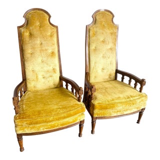 Mid Century Tufted Velvet Yellow Fabric and Wood Arm Chairs by American of Martinsville - a Pair For Sale