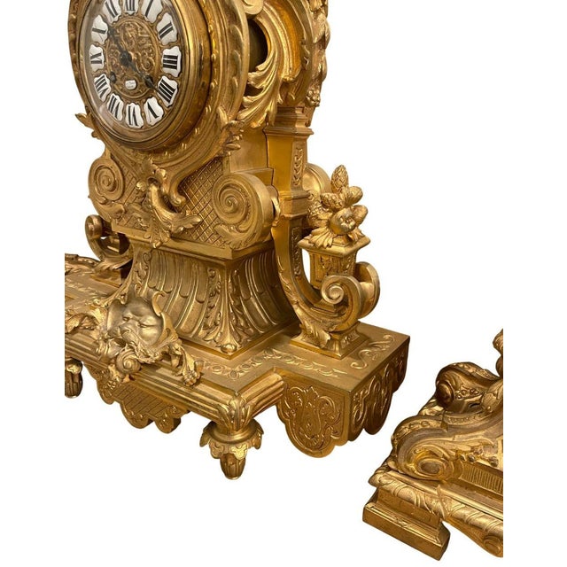 Large 19th Century French Doré Bronze Clock Garniture Marked Jules Graux, Paris. For Sale - Image 9 of 16