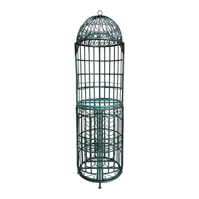 Vintage French Bistro Wine Rack Iron Birdcage Green Tall Patio Bar 21 Bottle For Sale