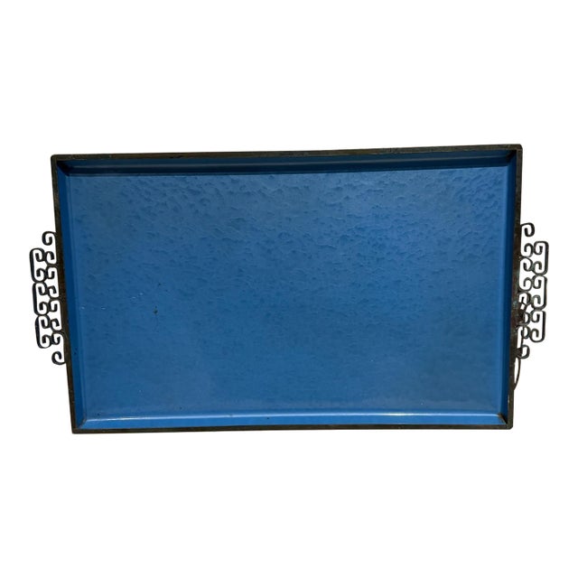 1950s Moiré Glaze Kyes Blue Enamel Serving Tray Pasadena Ca For Sale