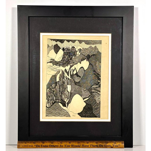 Vintage Pen & Ink Abstract Art by Bill Hinz - MCM Framed Artwork For Sale - Image 10 of 10