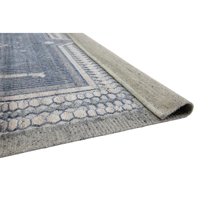 Transitional Oushak Style Wool Rug in Blue With Medallion Design by Apadana For Sale - Image 4 of 10