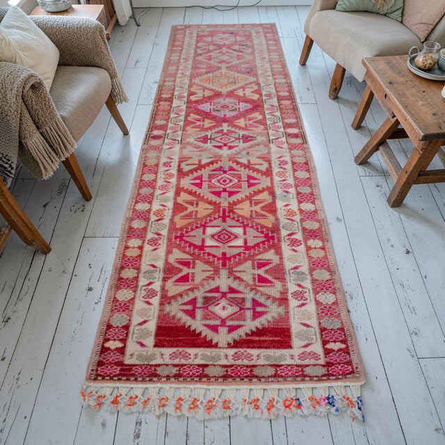 Mid-Century Modern 1970s Runner Kurdish Hand-Knotted Rug Pink Hallway Decor Kitchen Floor Accent 3x11 Ft Approx For Sale - Image 3 of 18
