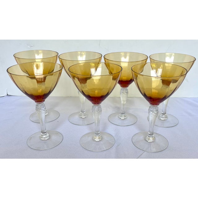 Mid-Century Modern 1930s Mid-Century Cambridge Glass Amber & Clear Stem Champagne Coupes - Set of 7 For Sale - Image 3 of 18