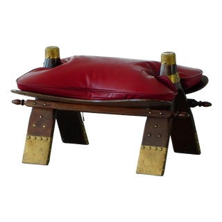 Moroccan Camel Saddle Stool in Stained Wood, Brass and Leather, North Africa, 1980 For Sale
