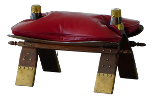 Moroccan Camel Saddle Stool in Stained Wood, Brass and Leather, North Africa, 1980