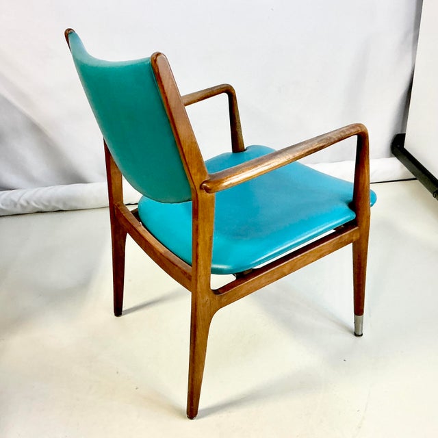 Wood Mid-Century Modern Boho Chic Contemporary Turquiose Vinyl and Teak Wood Arm Side Chair For Sale - Image 7 of 8