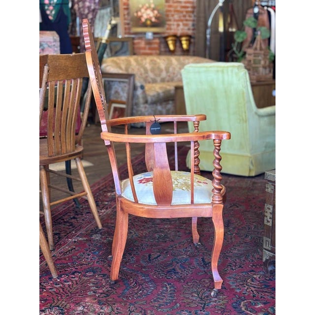 Victorian Antique Victorian Armchair With Floral Embroidered Upholstered Seat For Sale - Image 3 of 7