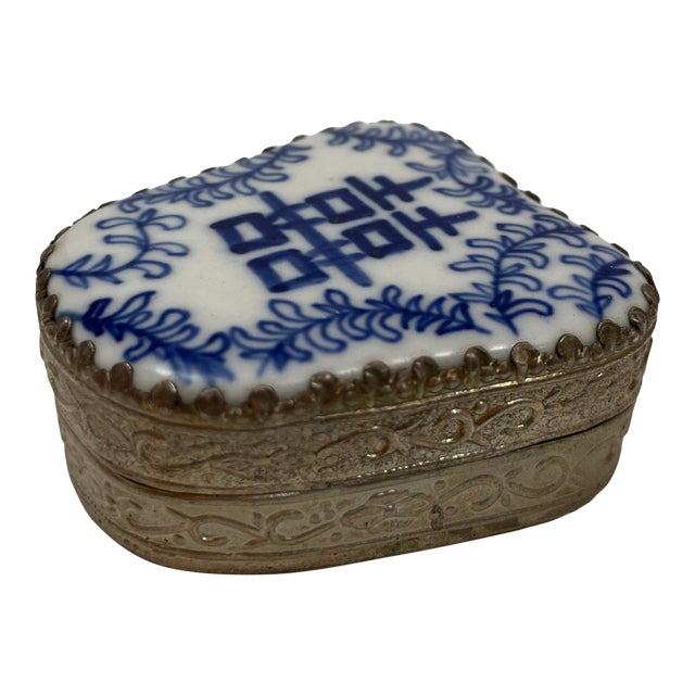 Vintage Chinese Porcelain Shard Box Oriental Decorative Nickel Silver For Sale