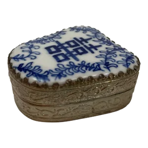 Vintage Chinese Porcelain Shard Box Oriental Decorative Nickel Silver