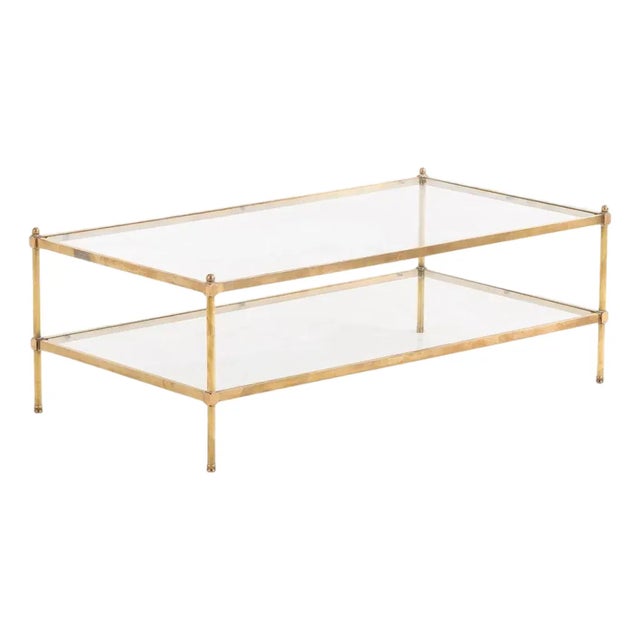 1970's Mid Century Modern Brass and Glass Two Tier Coffee Table For Sale
