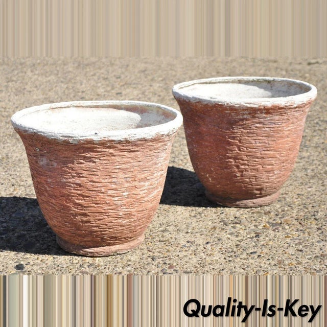 Pair of Vtg Red Distress Painted Fiberglass Round Garden Planter Pots Faux Stone For Sale - Image 9 of 9