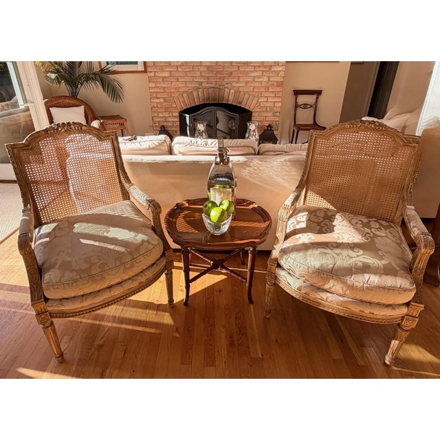 Louis XVI Style Giltwood Fauteuil Armchairs with Caned Back and Damask Upholstery, By Nancy Corzine Upholstered in the...