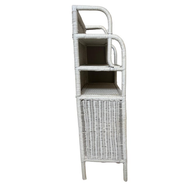 Late 20th Century Vintage White Wicker Étagère With Double Door Cabinet & Curved Frame For Sale - Image 5 of 12