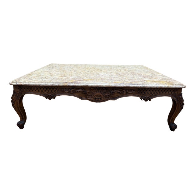 Louis XV Style Coffee Table in Walnut with Marble Top, 1950s For Sale